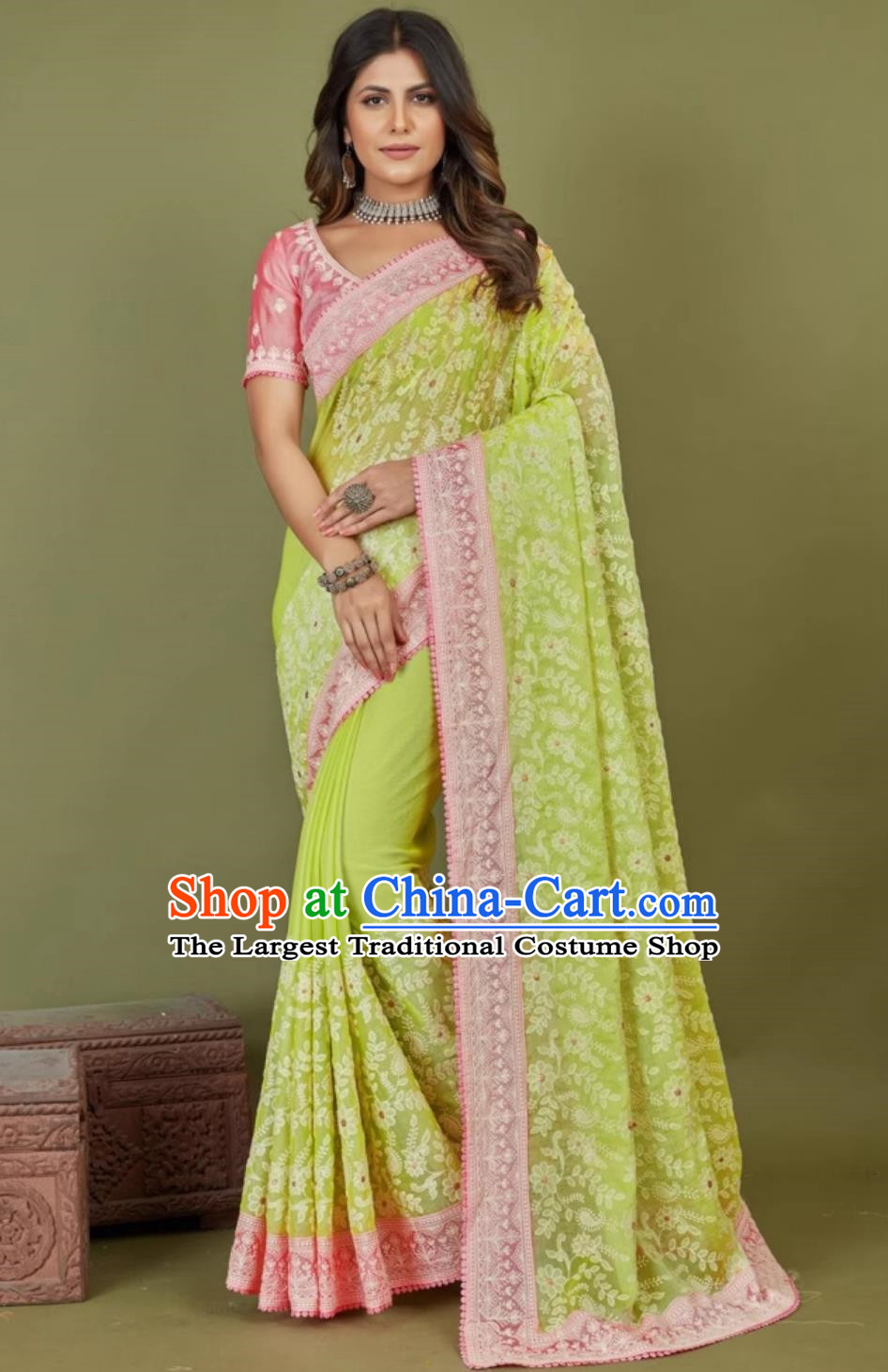 India Traditional Festival Green Embroidered Sari Dress Woman Summer Costume Indian National Clothing