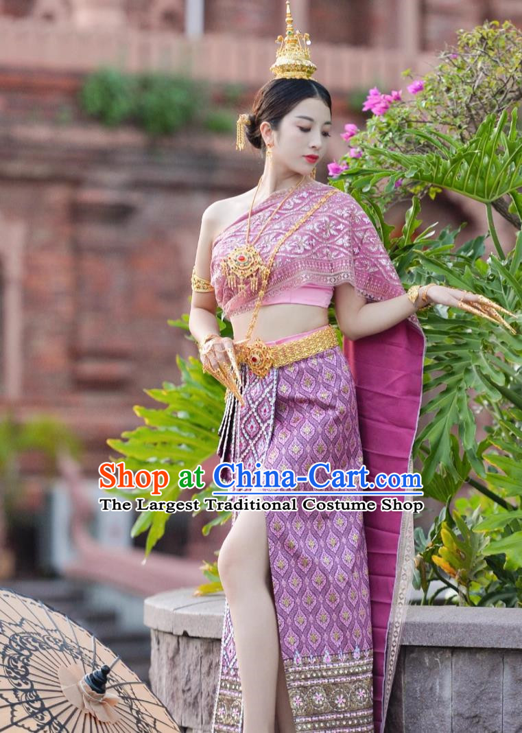 Purple Thailand Costume Chinese Dai Princess Clothing Women Handmade Beaded Bra Skirt with Split Complete Set