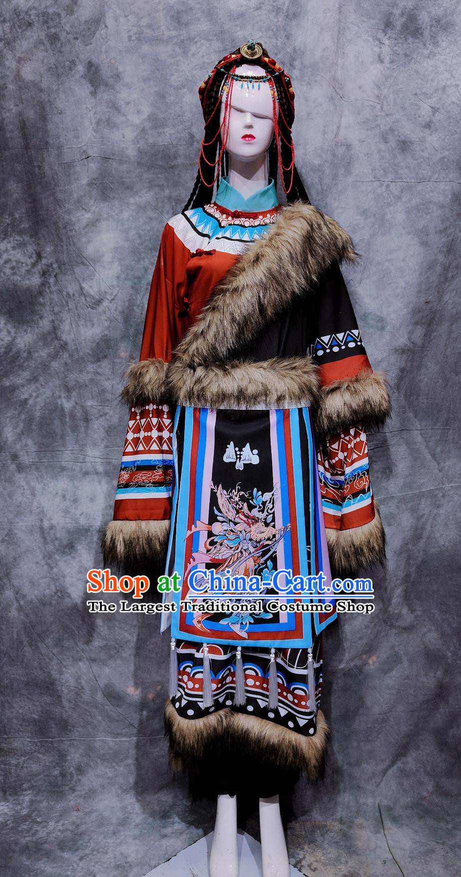 China Zang National Minority Woman Clothing Traditional Tibetan Ethnic Dance Dress Chinese Xizang Minorities Costume