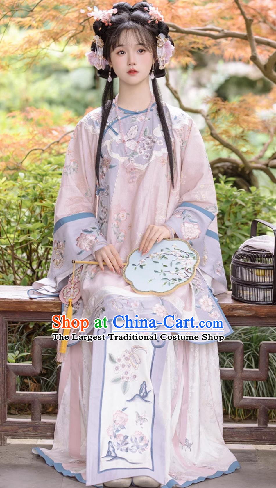 Chinese Qing Dynasty Han Nationality Woman Clothing Ancient China Noble Lady Pink Blouse and Skirt Complete Set