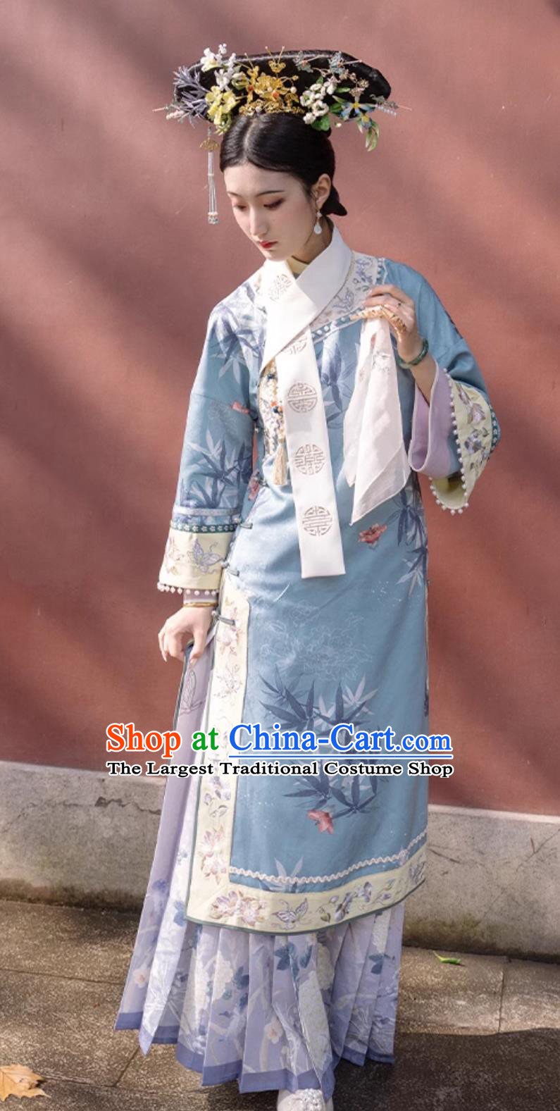 Ancient China Court Empress Dress Chinese Qing Dynasty Manchu Woman Clothing Blue Qipao and Skirt