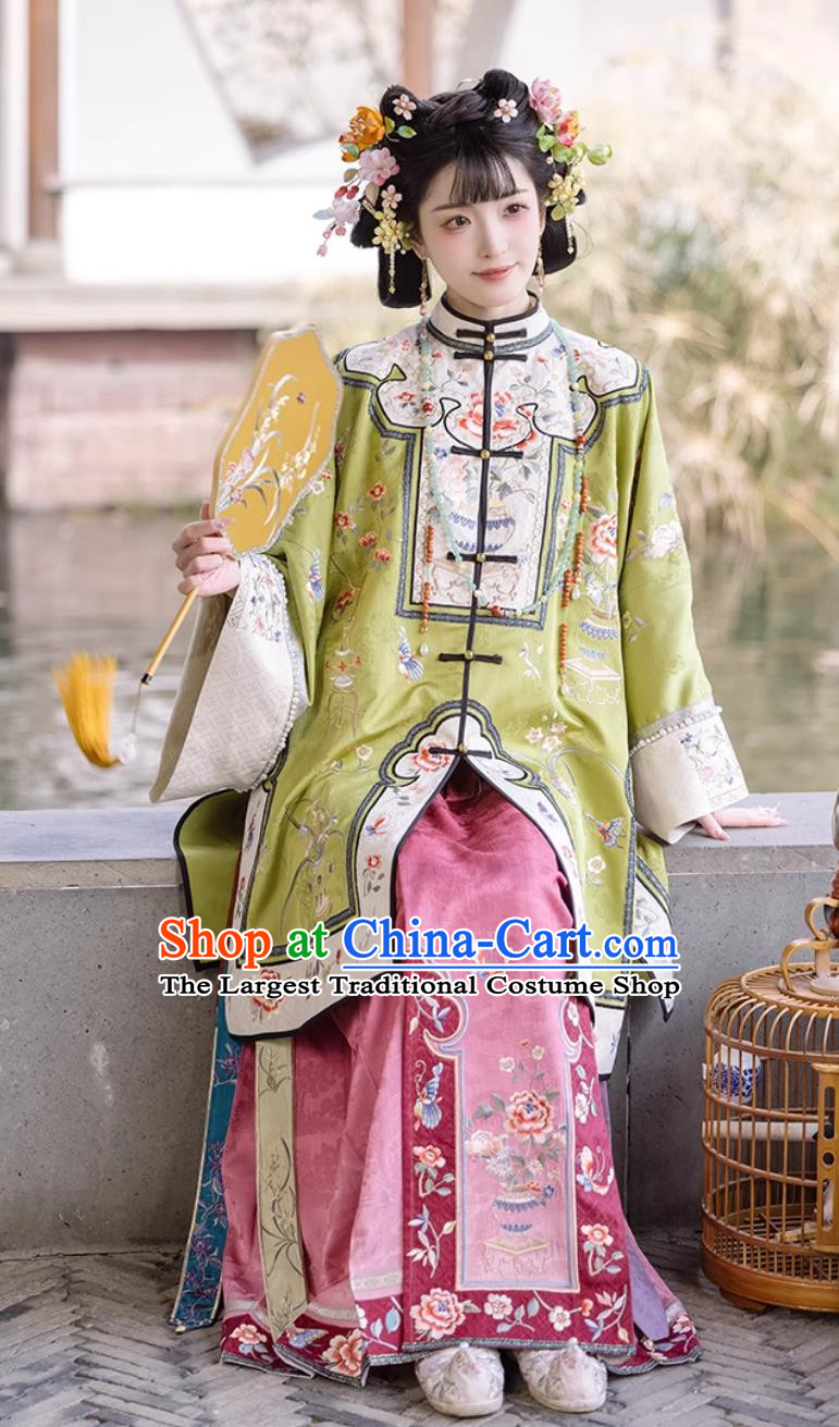 Chinese Qing Dynasty Young Woman Clothing Ancient China Noble Lady Green Blouse and Mamian Skirt Complete Set
