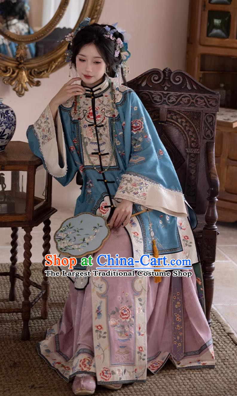 Ancient China Noble Lady Blue Blouse and Mamian Skirt Chinese Qing Dynasty Young Woman Clothing Complete Set