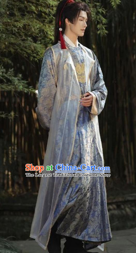 Traditional Male Hanfu Blue Outfit Ancient China Wuxia Swordsman Clothing China Tang Dynasty Royal Prince Costume