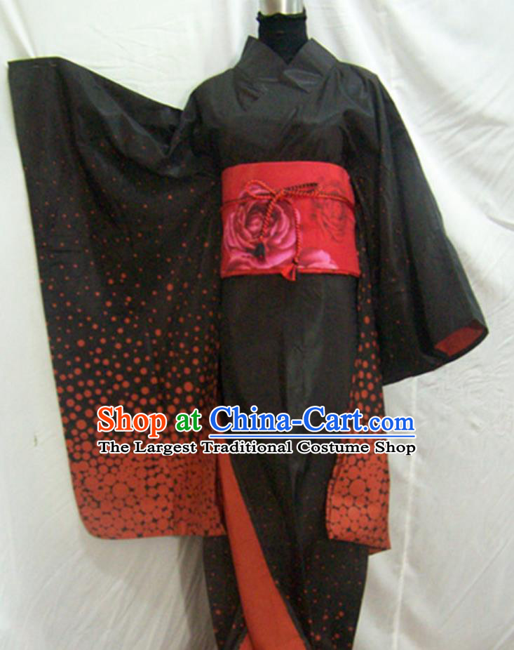 Japan Traditional Black Furisode Kimono Japanese National Clothing Women Formal Attire