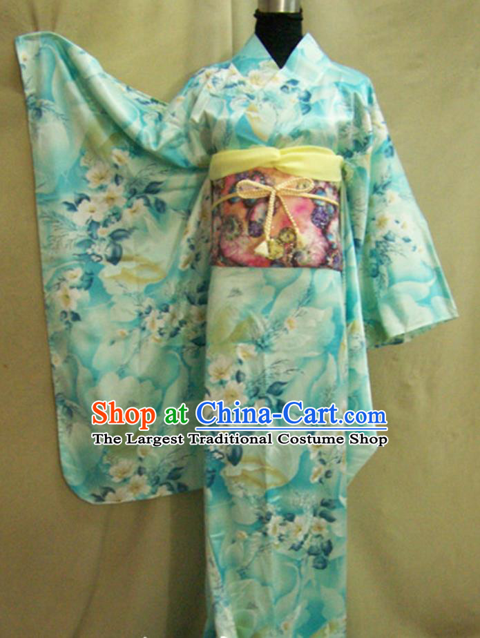 Japan Women Formal Attire Traditional Blue Furisode Kimono Japanese National Clothing