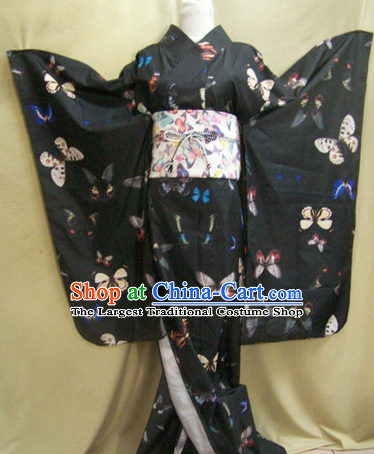 Japan Women Formal Costume Traditional Black Furisode Kimono Cosplay Japanese National Clothing