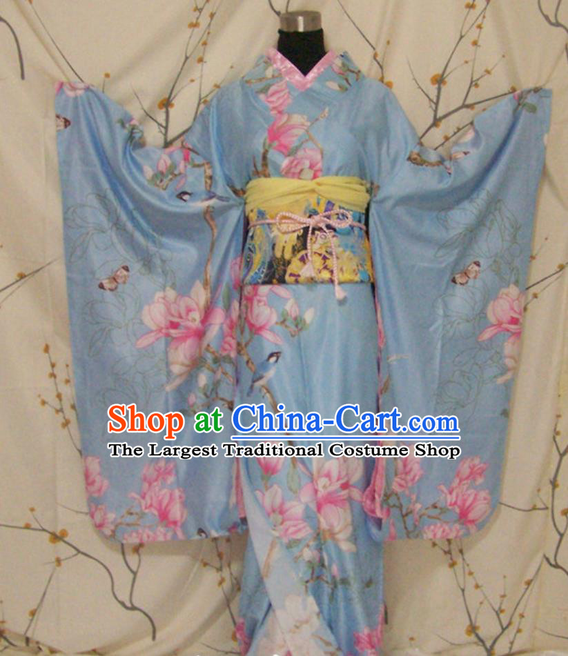 Japan Traditional Furisode Kimono Cosplay Japanese Geisha Clothing Women Blue Formal Costume