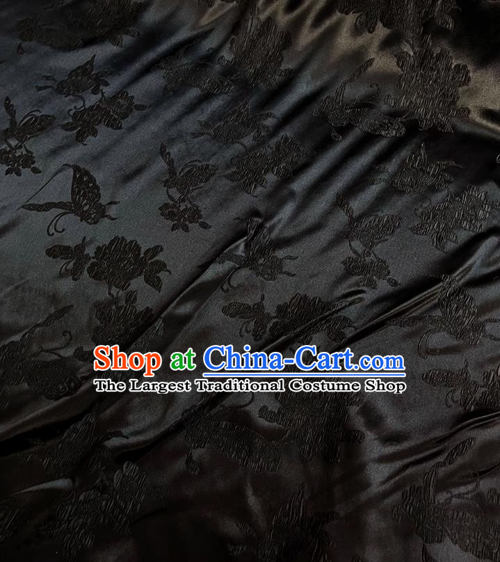 Black Chinese Classical Butterfly love Flower Pattern Jacquard Material Traditional Design Fabric China Qipao Mulberry Silk Cloth