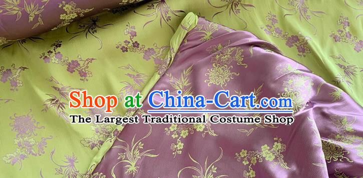 Yellowish Green China Classical Plum Blossoms Orchid Bamboo Chrysanthemum Pattern Jacquard Material Traditional Qipao Fabric Chinese Cheongsam Mulberry Silk Cloth