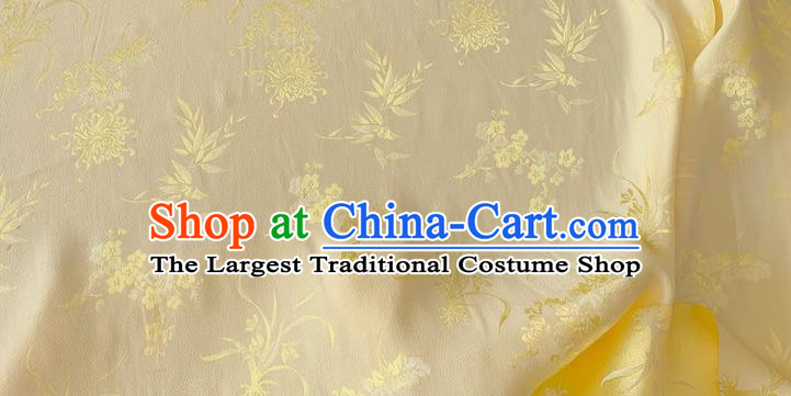 Light Yellow China Classical Plum Blossoms Orchid Bamboo Chrysanthemum Pattern Jacquard Material Chinese Traditional Qipao Fabric Cheongsam Mulberry Silk Cloth