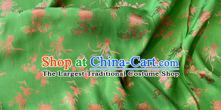 Deep Green Chinese Classical Plum Blossoms Orchid Bamboo Chrysanthemum Pattern Jacquard Material Traditional Cheongsam Fabric China Mulberry Silk Cloth