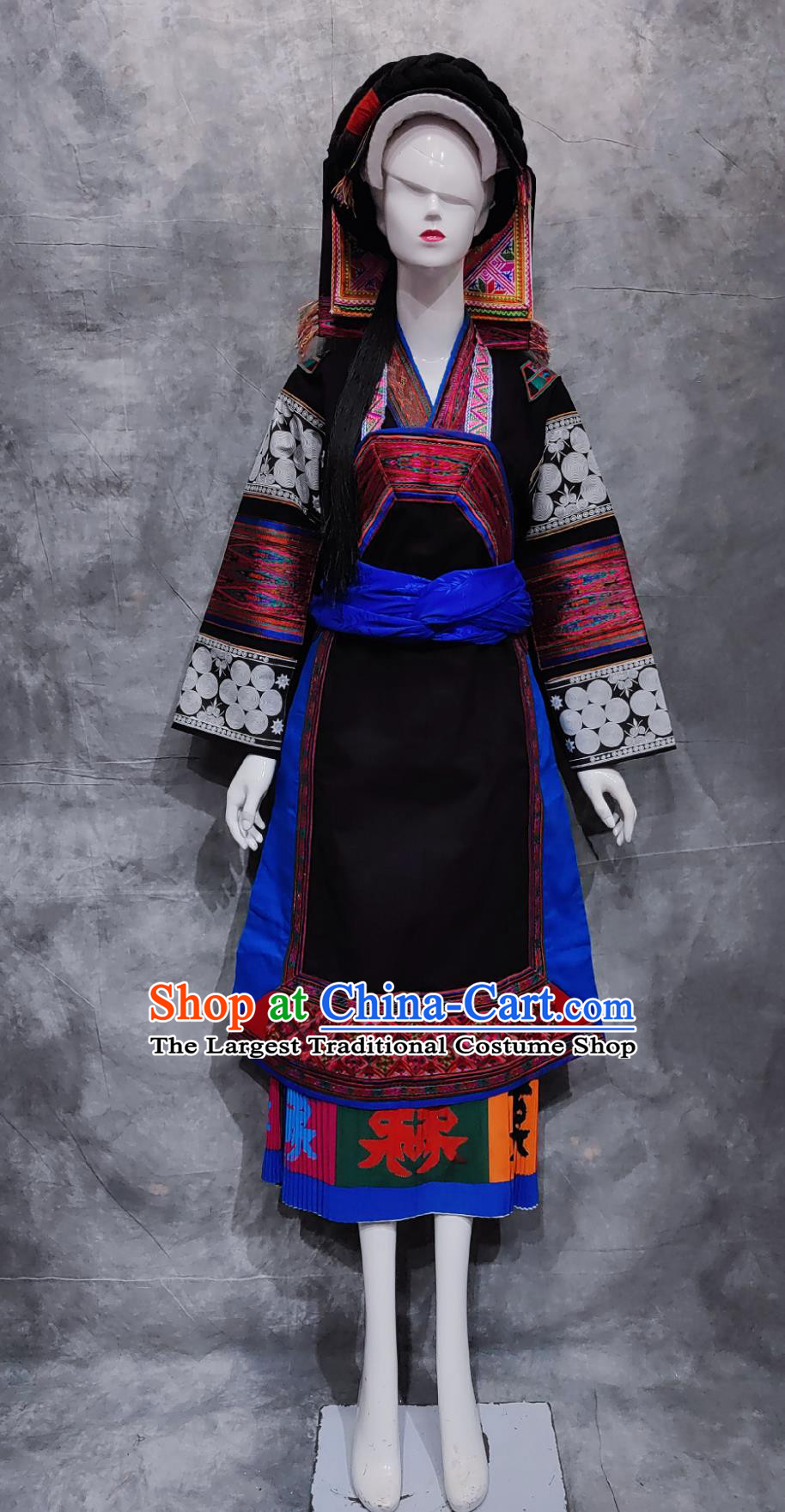 China Stage Performance Black Outfit Chinese Bouyei Ethnic Clothing Buyi National Minority Wedding Costume