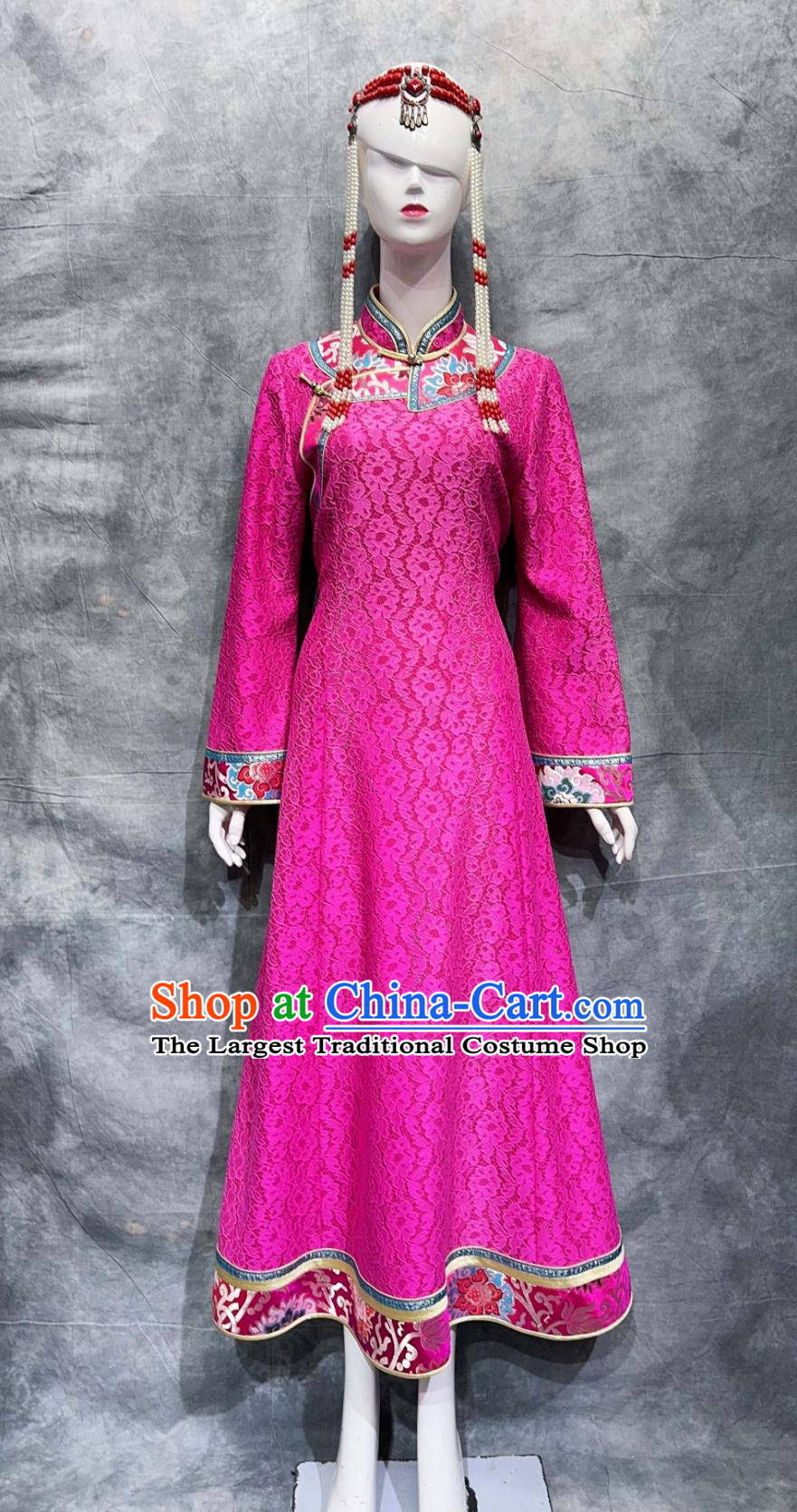 China Daur National Minority Pink Dress Stage Performance Costume Chinese Dahur Ethnic Clothing