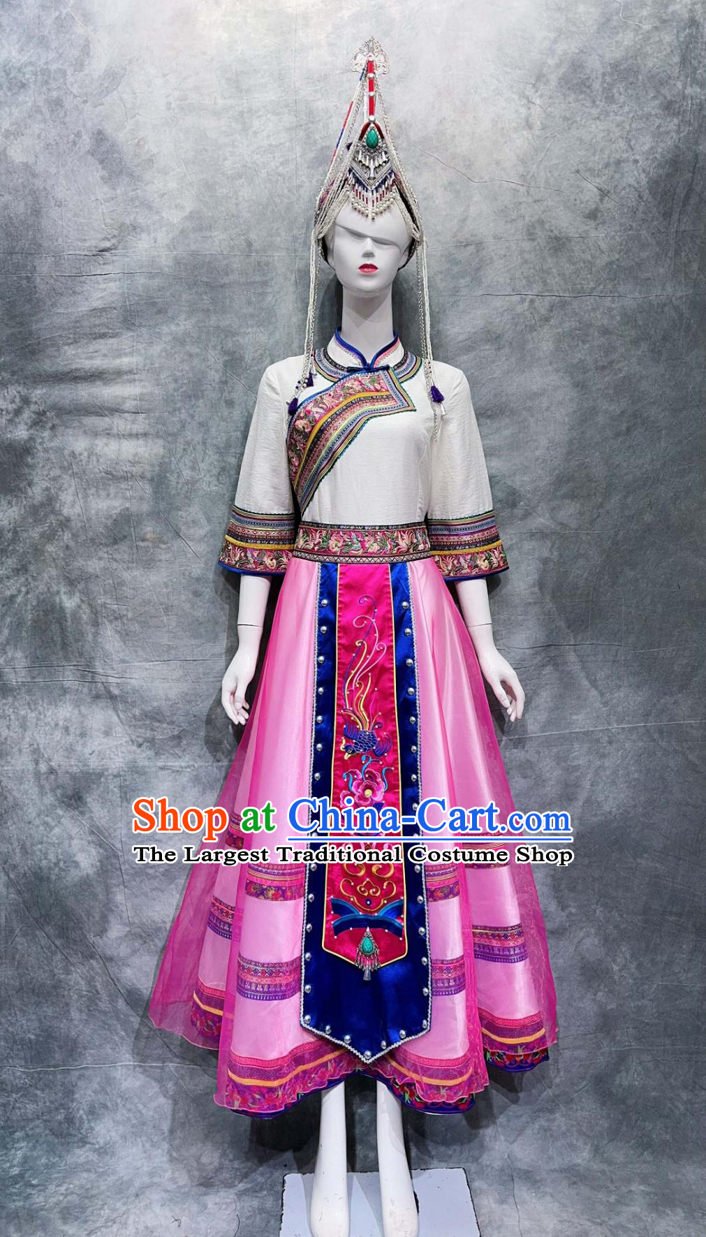 Chinese She Ethnic Woman Clothing China National Minority White Shirt and Pink Skirt March 3rd Stage Show Costume