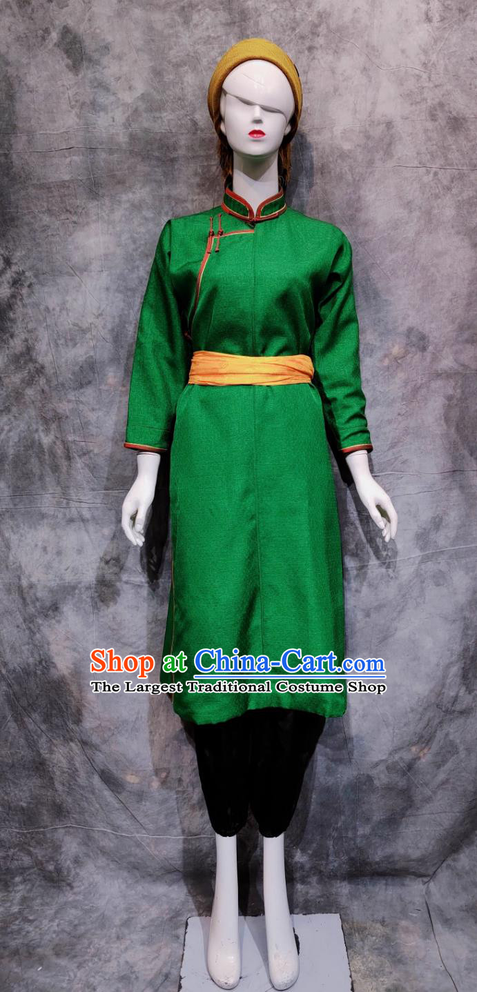 China Mongol National Minority Green Dress Chinese Dance Performance Costume Mongolian Ethnic Woman Clothing