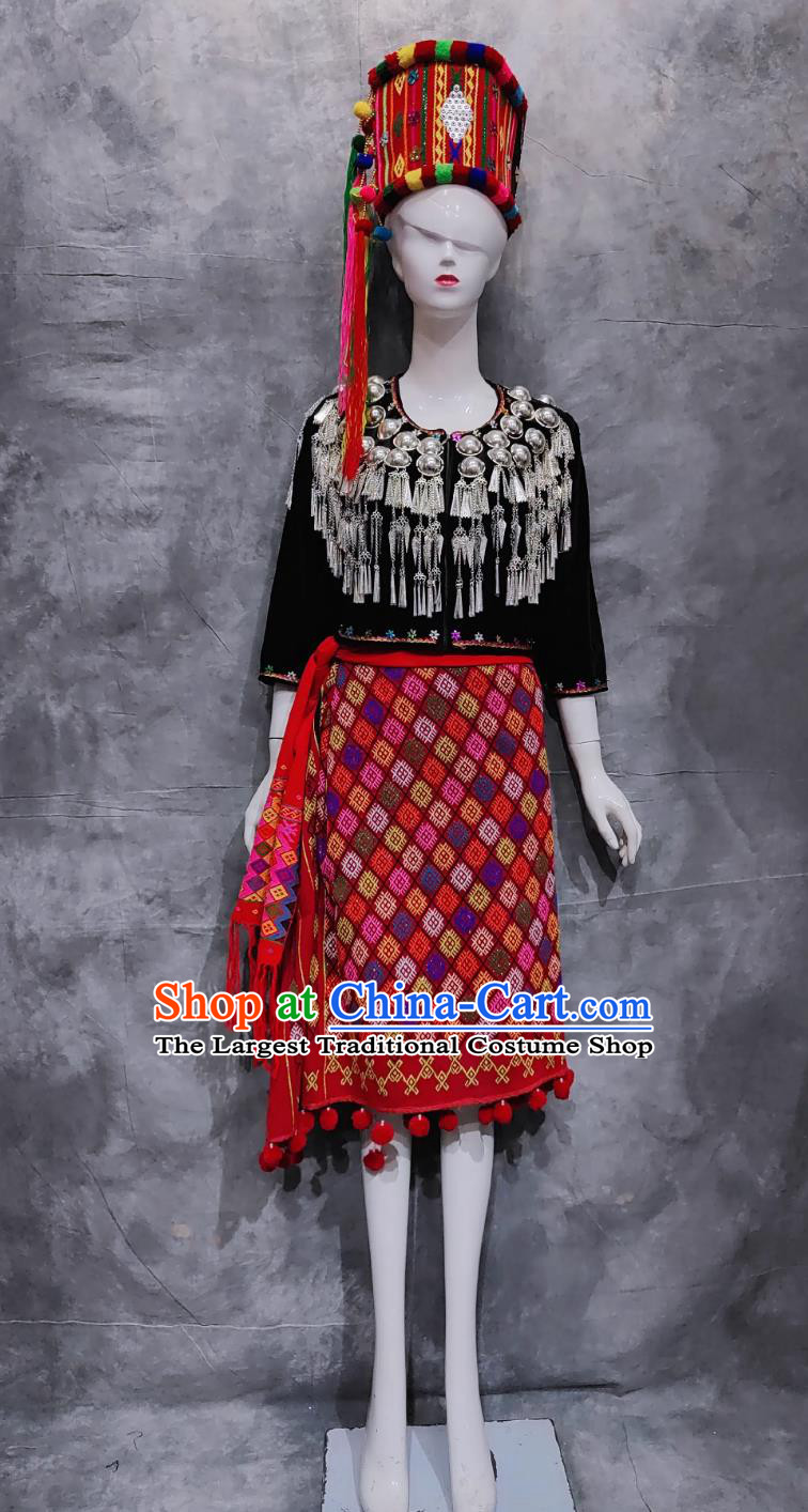 Chinese Yunnan National Minority Blouse and Skirt Chingpo Woman Dance Performance Costume China Jingpo Ethnic Clothing Complete Set