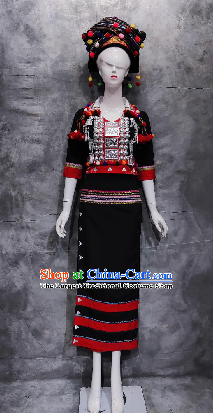 China Deang Ethnic Clothing Chinese Yunnan National Minority Blouse and Skirt De Ang Woman Dance Performance Costume Complete Set
