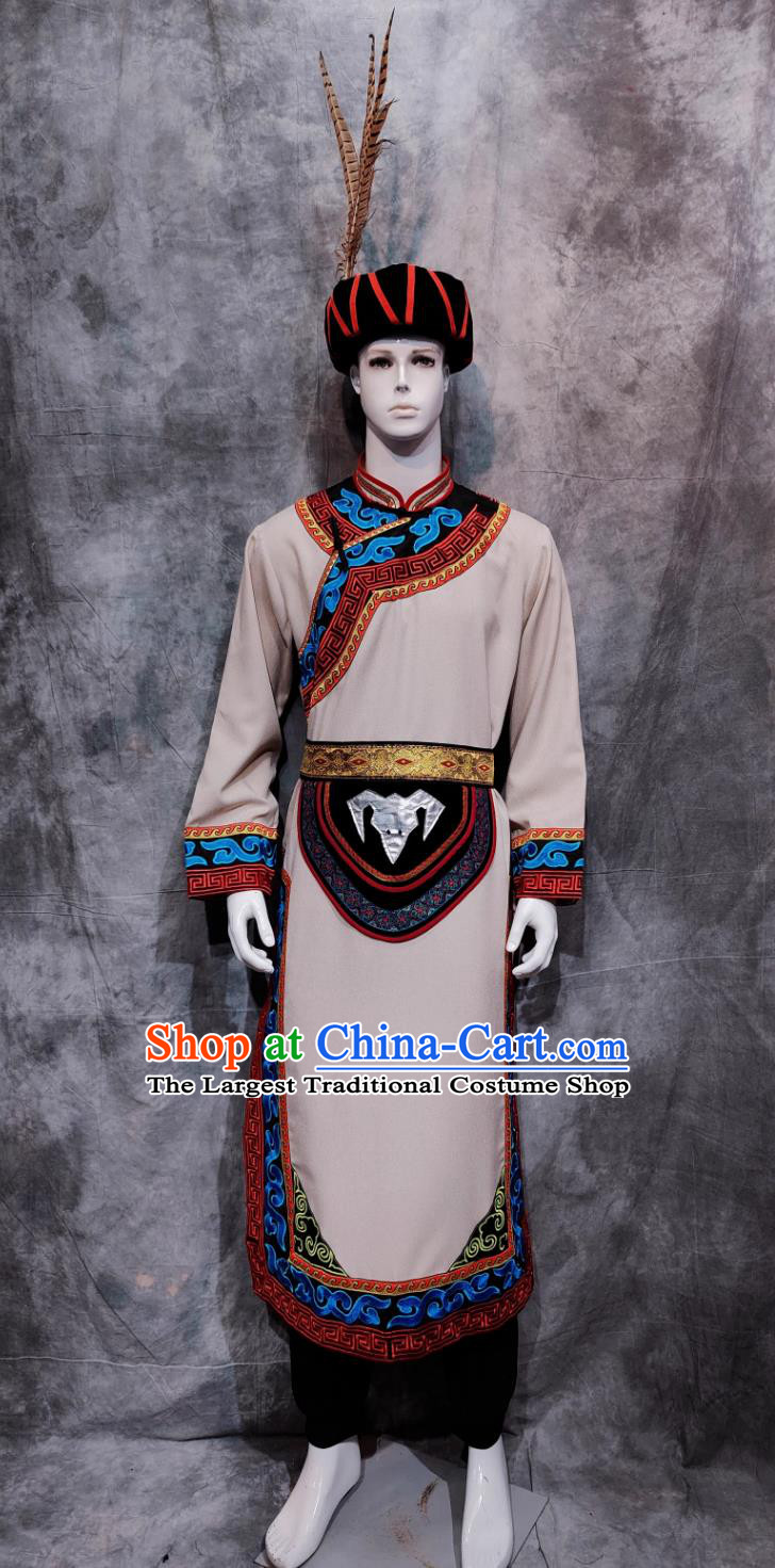 China Stage Show Costume Qiang Ethnic Male Clothing Chinese Si Chuan National Minority Outfit