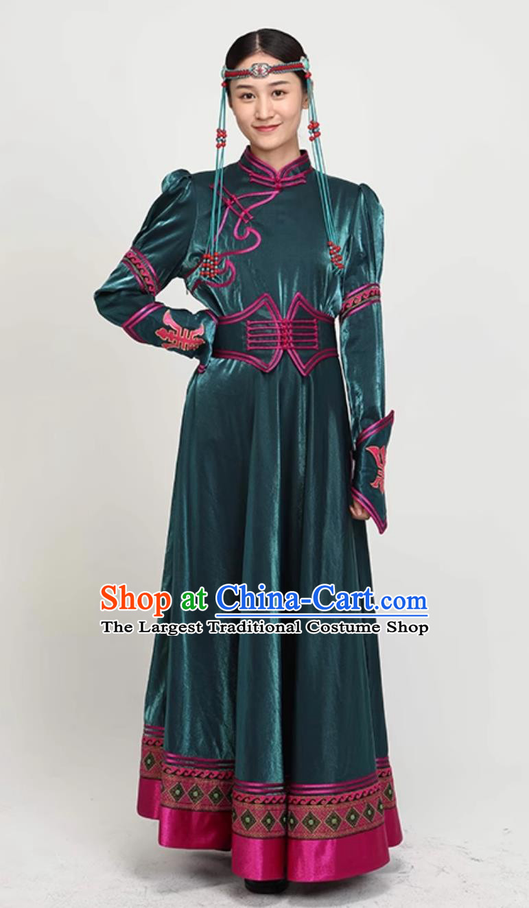 China Moggol National Minority Green Dress Mongolian Stage Show Costume Chinese Ethnic Woman Clothing