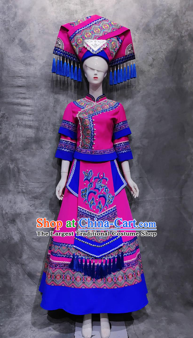 Chinese Guangxi March 3rd Woman Solo Costume Zhuang Ethnic Festival Clothing China National Minority Rosy Dress