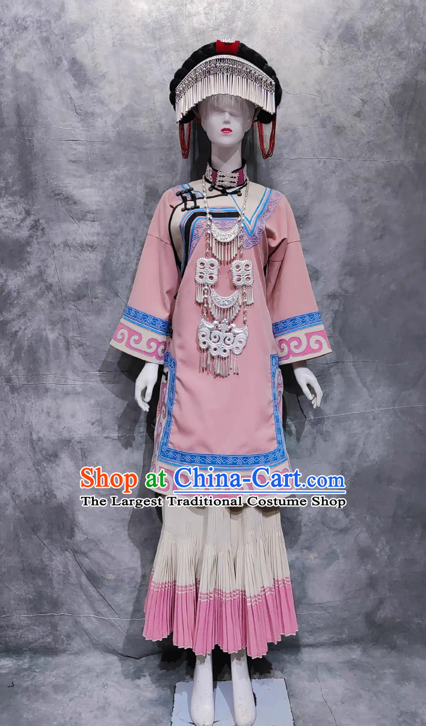 Chinese Ta Liang Mountain Woman Costume China Yi Ethnic Torch Festival Clothing National Minority Dance Pink Dress