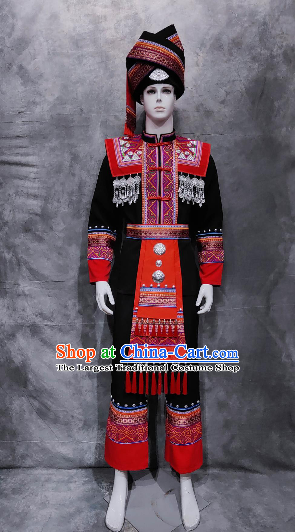 Chinese Guangxi National Minority Male Black Outfit Traditional March 3rd Festival Costume China Zhuang Ethnic Folk Dance Clothing