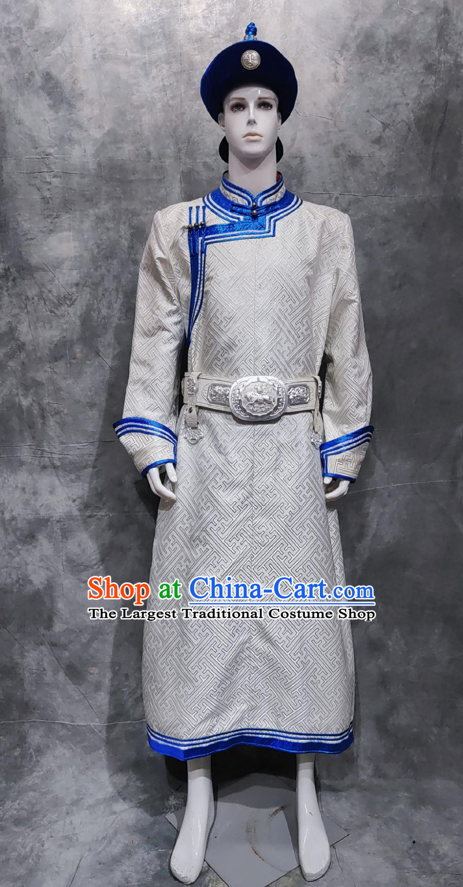China Traditional White Mongolian Robe Mongol Ethnic Folk Dance Clothing Chinese National Minority Male Outfit