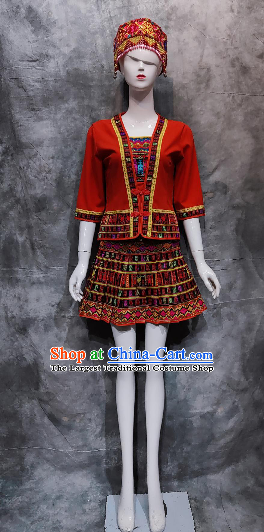 Chinese Li Ethnic Woman Clothing Hainan National Minority Dance Red Outfit China Folk Dance Costume