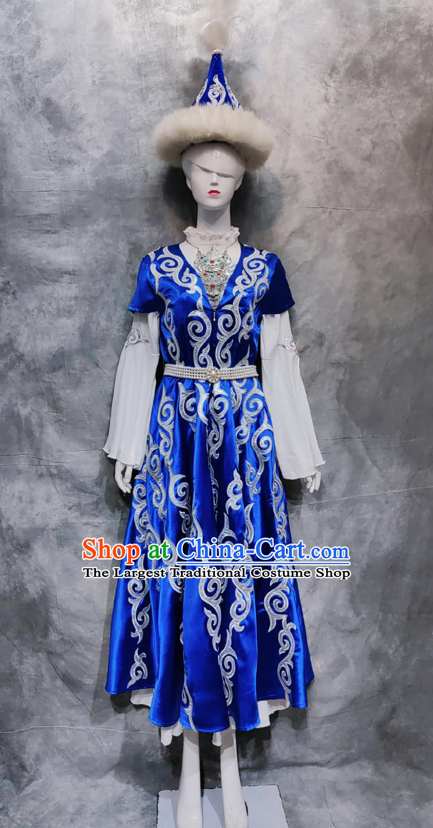China Xinjiang Kyrgyz Folk Dance Costume Chinese Ethnic Woman Festival Clothing Kirgiz National Minority Stage Performance Blue Dress