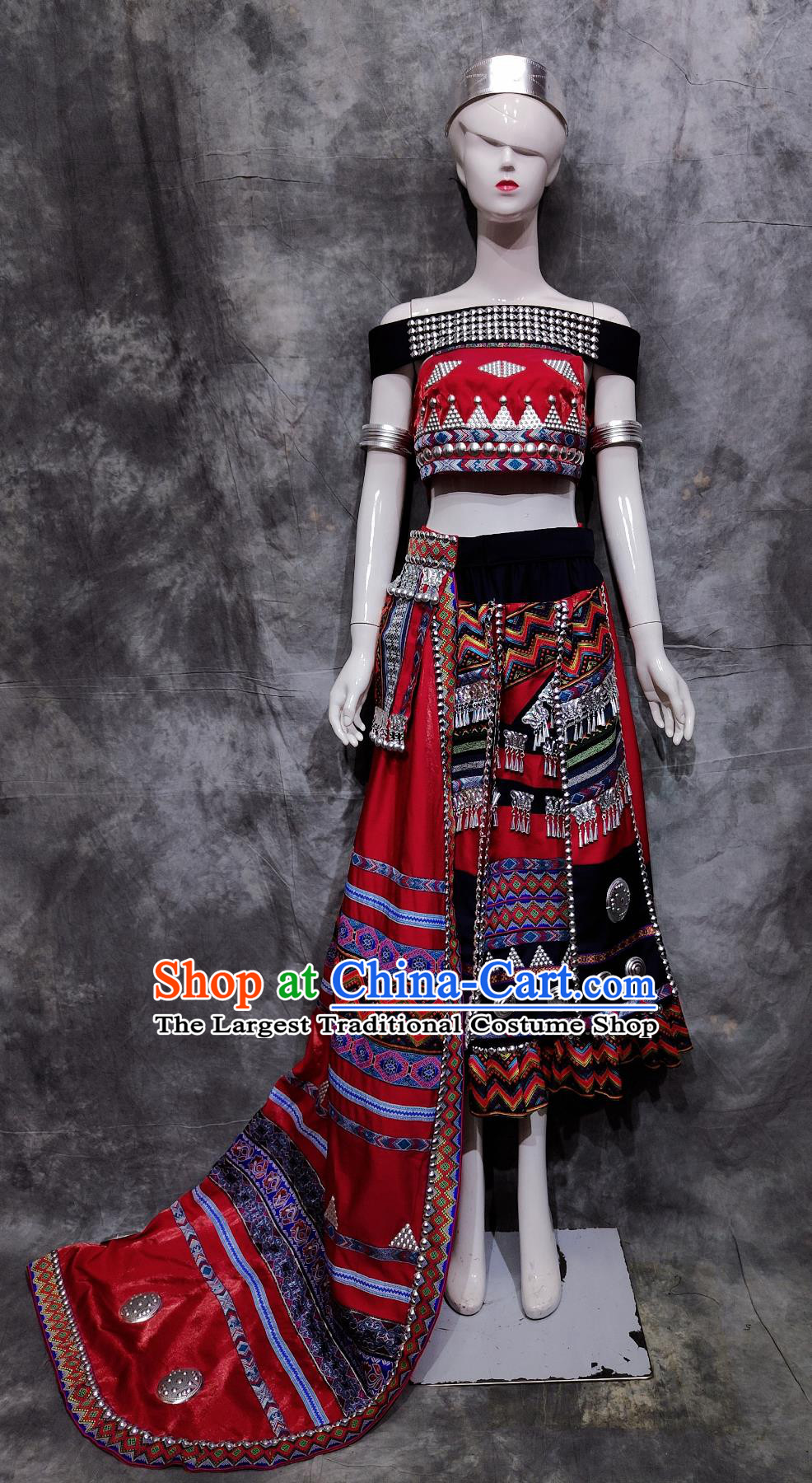 China Wa National Minority Stage Performance Red Dress Yunnan Folk Dance Costume Chinese Va Ethnic Woman Festival Clothing