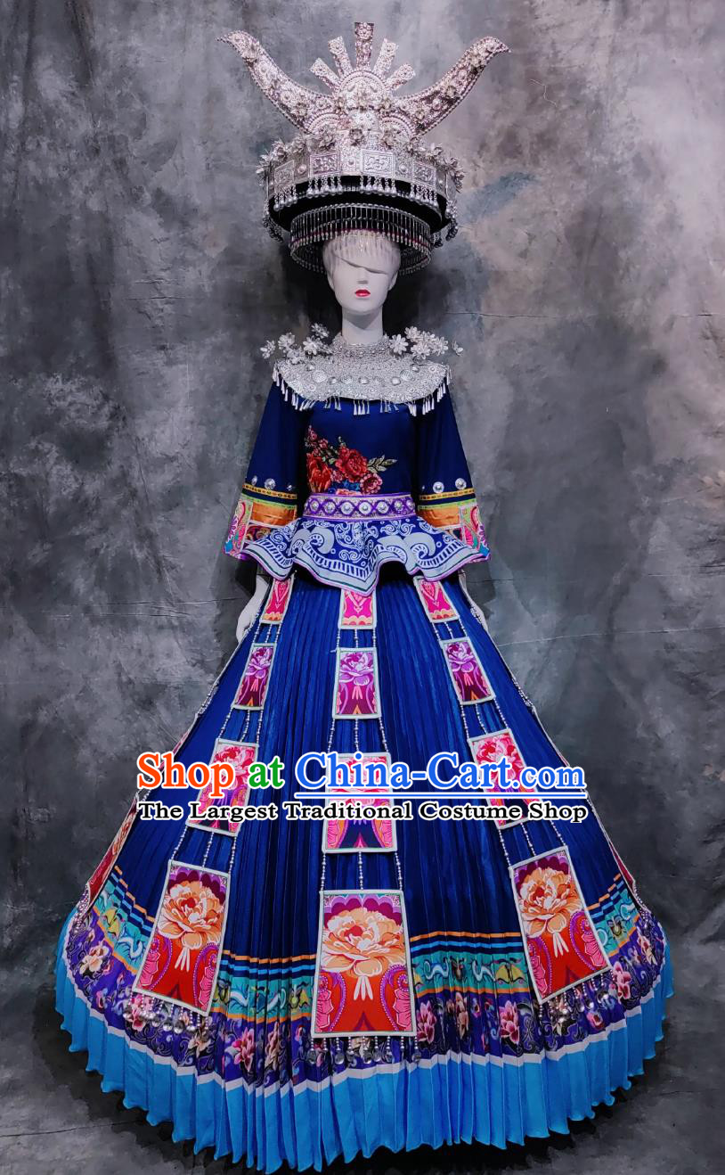 Chinese Folk Dance Costume Miao Ethnic Woman Festival Clothing China Hmong National Minority Stage Performance Royal Blue Dress