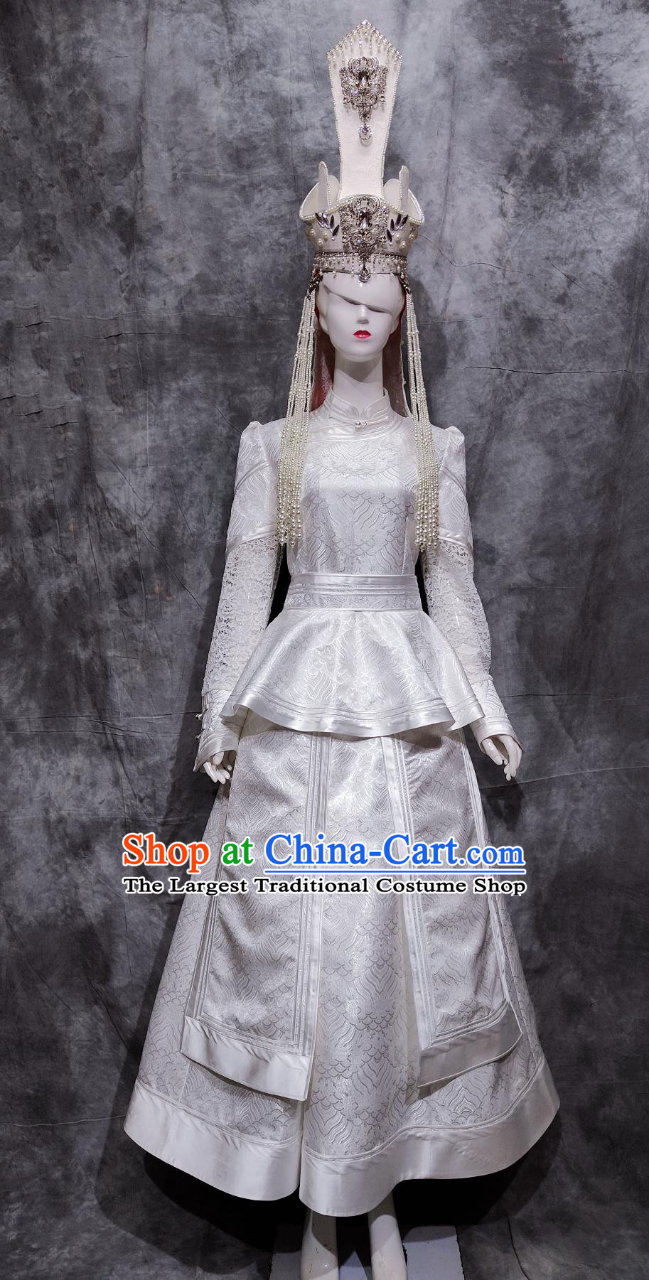 China Mongol National Minority Stage Performance White Dress Chinese Woman Folk Dance Costume Mongolian Ethnic Bride Clothing