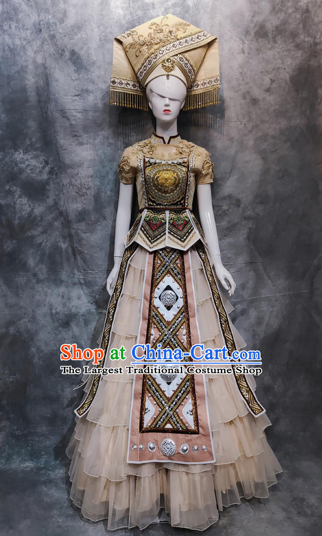 China Zhuang Ethnic Woman Clothing Guangxi National Minority Stage Performance Dress Chinese March 3rd Festival Folk Dance Costume