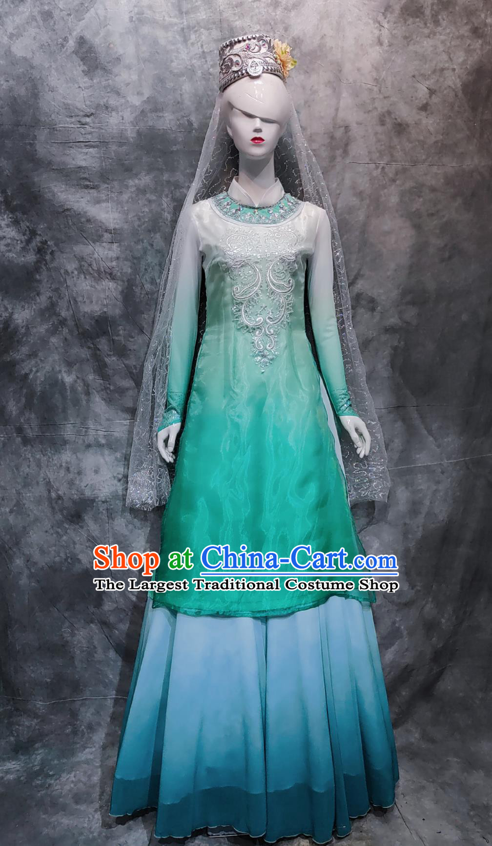 Chinese Ningxia Folk Dance Costume China Hui Ethnic Woman Clothing National Minority Stage Performance Green Dress