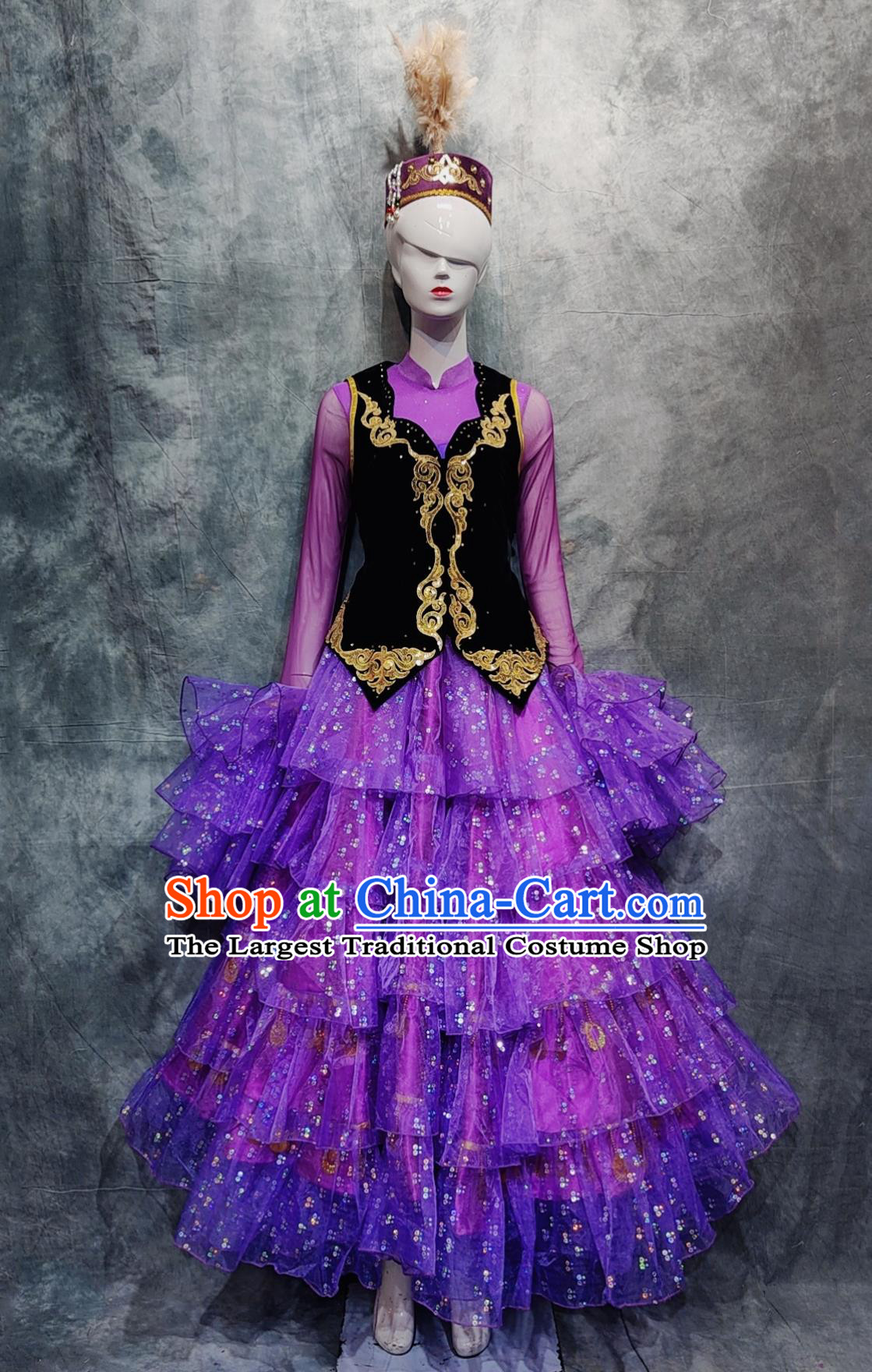 China Kazakh Ethnic Woman Clothing Chinese Kazak National Minority Stage Performance Purple Dress Xinjiang Folk Dance Costume