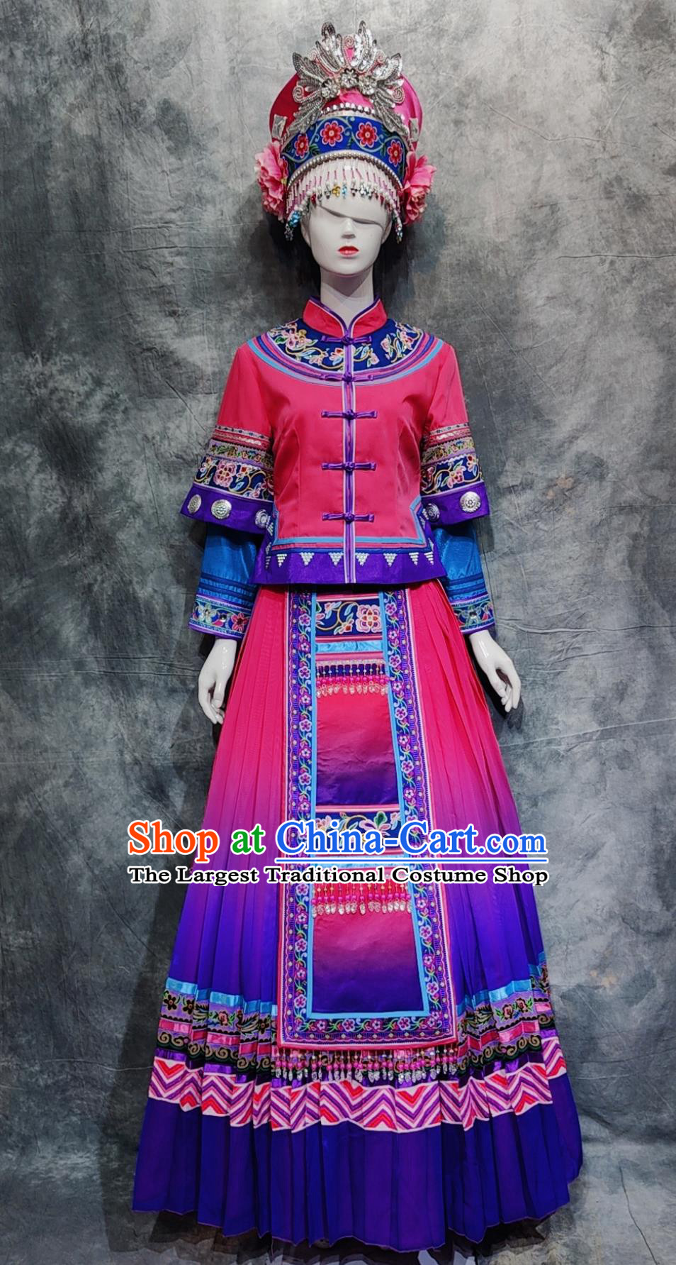 China Kelao Ethnic Woman Festival Clothing Chinese Gelo National Minority Stage Performance Rosy Dress Guangxi Folk Dance Costume