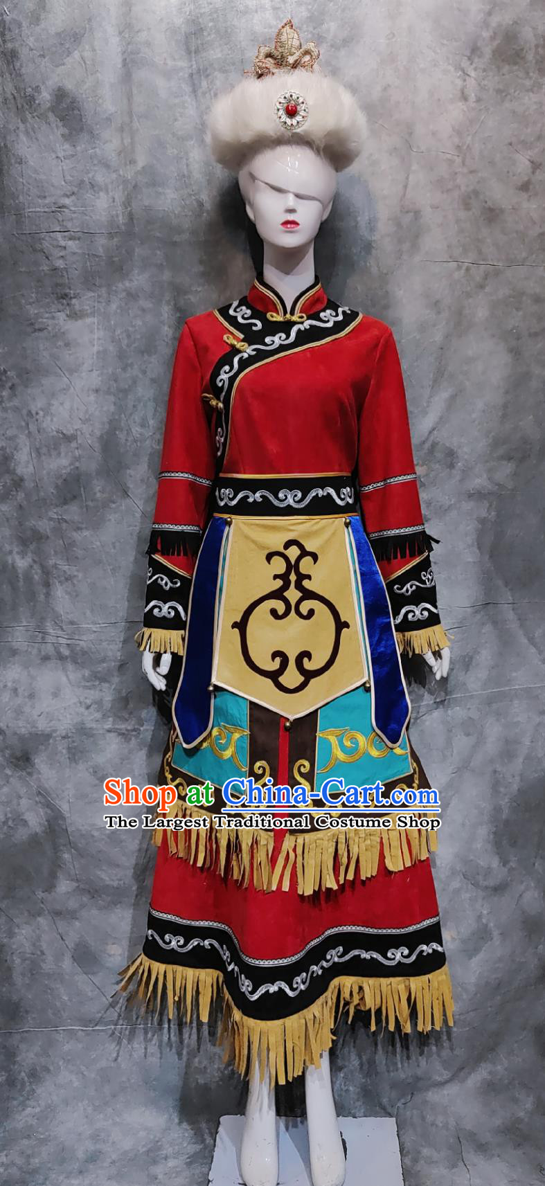 Chinese Hezhe National Minority Stage Performance Dress Heilongjiang Province Folk Dance Costume China Hezhen Ethnic Woman Clothing