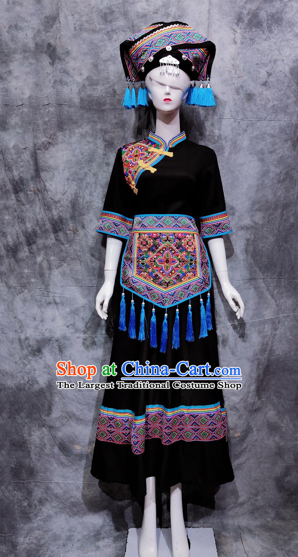 China Zhuang National Minority Woman Clothing Guizhou March 3rd Festival Black Outfit Traditional Chinese Ethnic Dance Costume