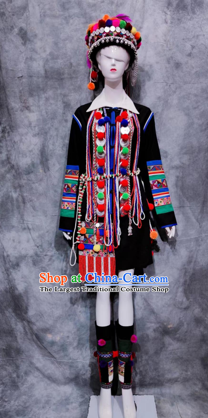 China Hani National Minority Woman Clothing Yunnan Travel Black Dress Traditional Chinese Hanis Ethnic Dance Costume