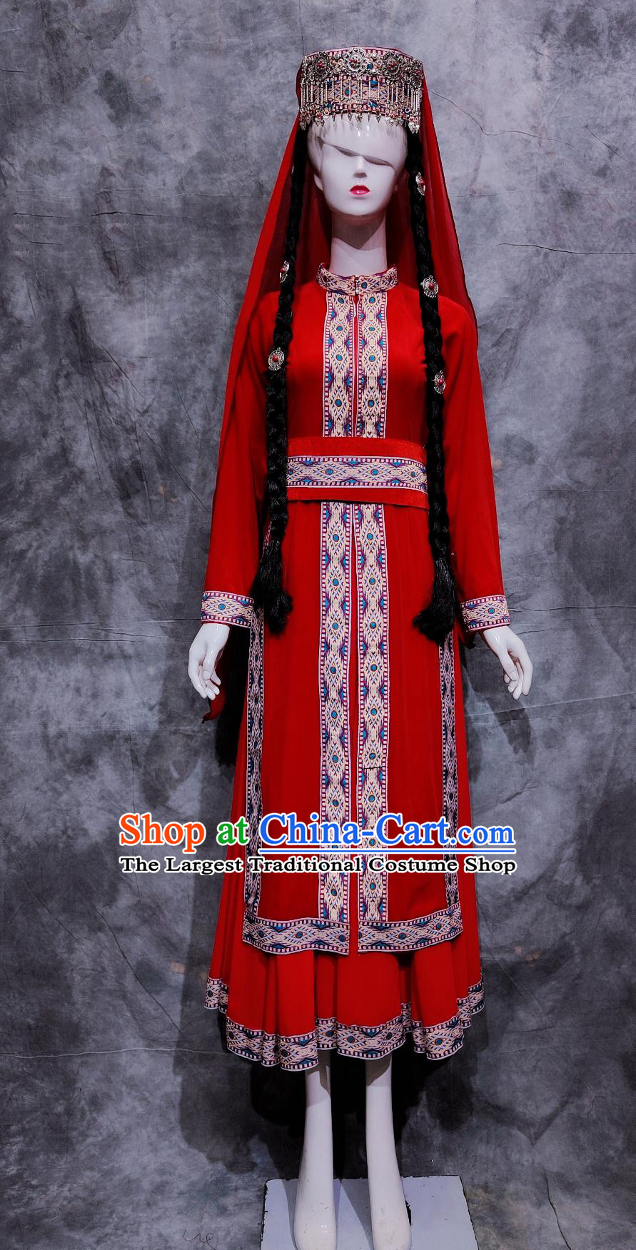 China Tajik National Minority Woman Clothing Traditional Xinjiang Travel Red Dress Chinese Tayikos Ethnic Dance Costume