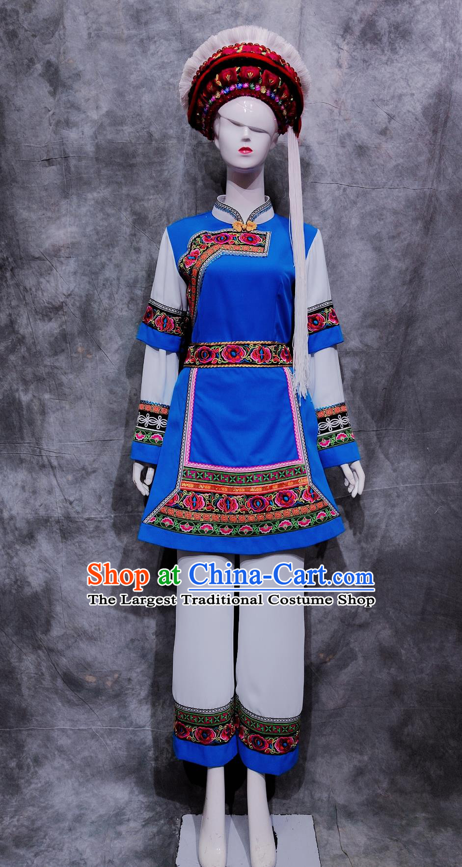 Traditional Yunnan Travel Blue Outfit Chinese Ethnic Dance Costume China Bai National Minority Woman Clothing