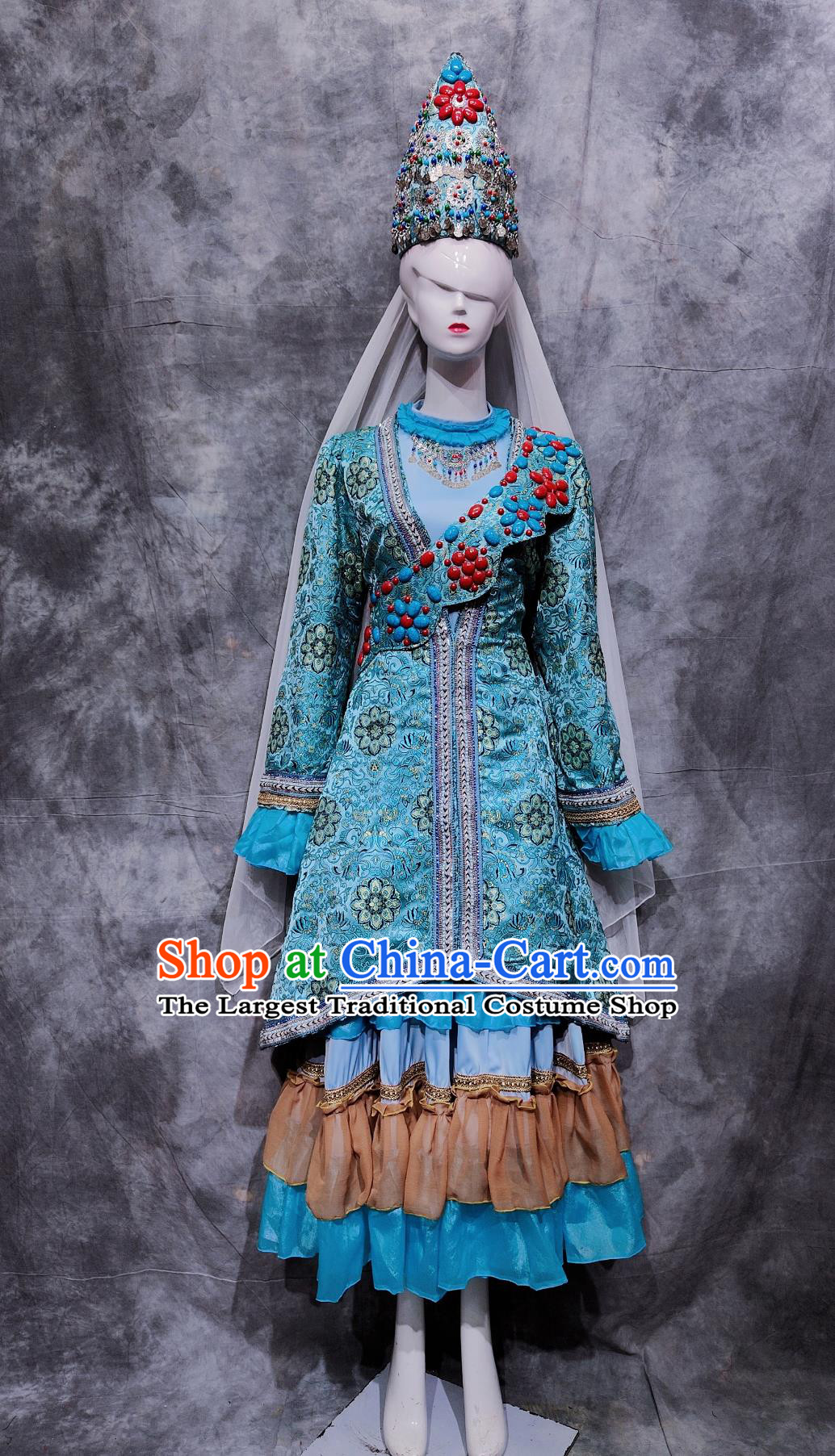 Traditional Xinjiang Corban Festival Attire Chinese Ethnic Dance Blue Dress Costume China Tatar National Minority Woman Clothing