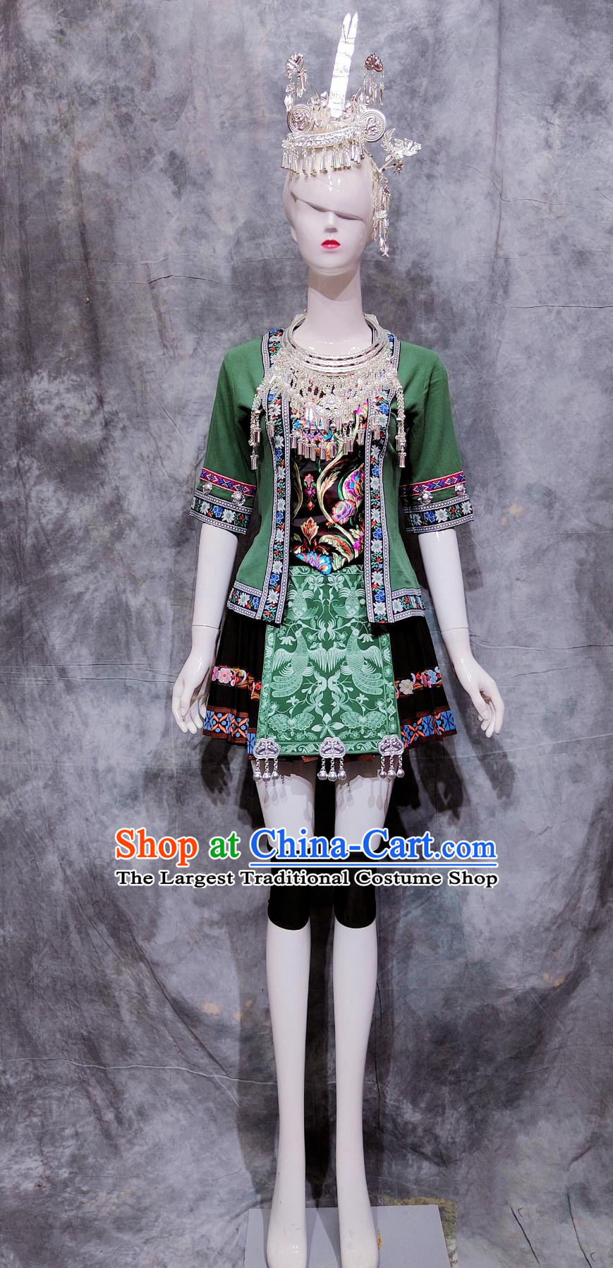 China Dong National Minority Woman Clothing Traditional Guizhou Festival Green Dress Chinese Ethnic Dance Costume