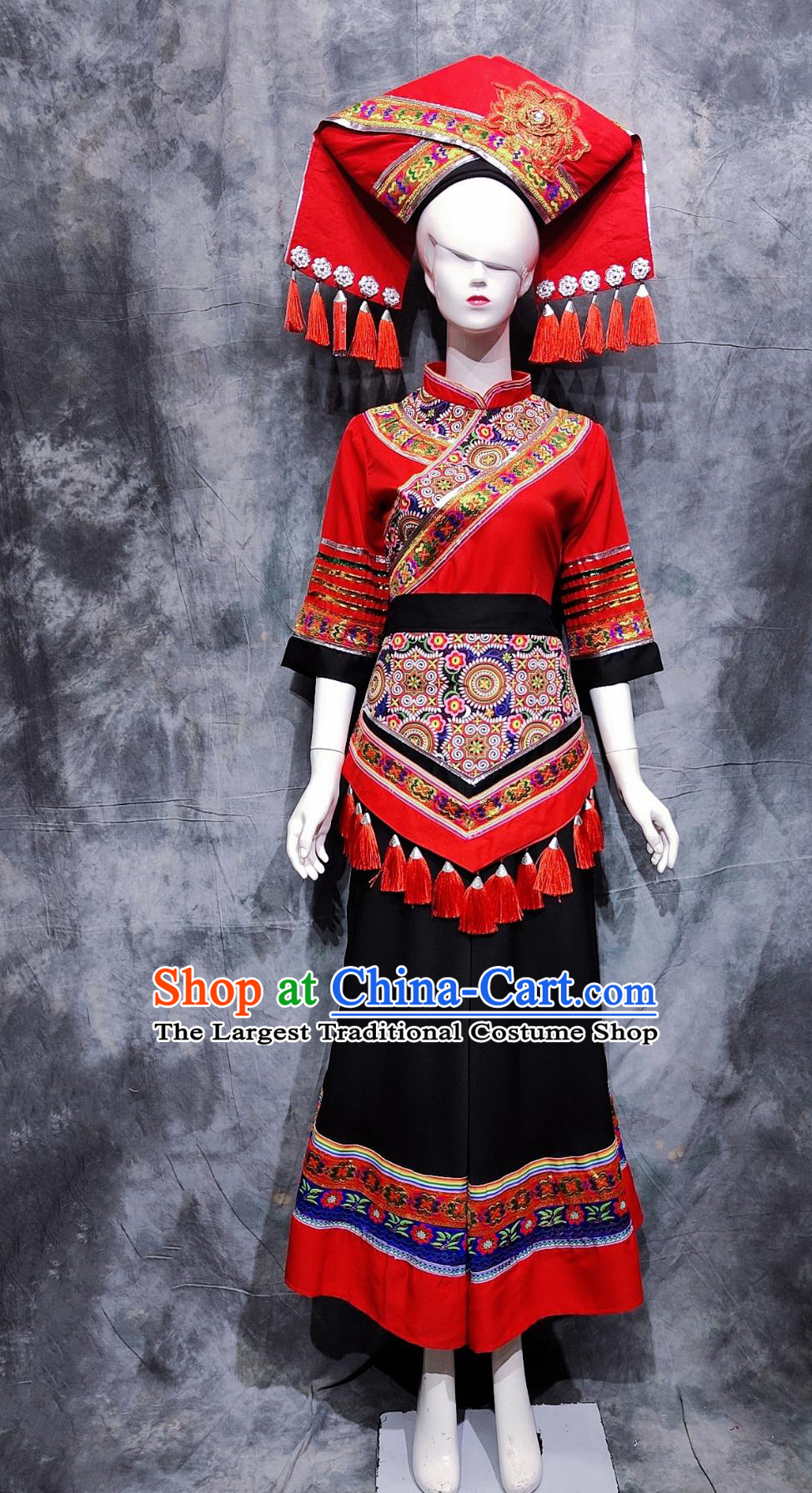Chinese Ethnic Dance Costume China Zhuang National Minority Woman Clothing Traditional Guangxi March 3rd Festival Performance Attire