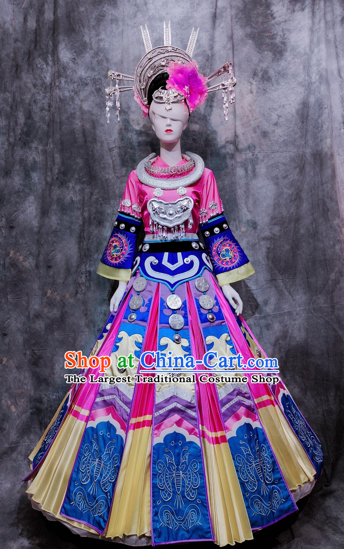 Chinese Hmong Ethnic Dance Costume China Miao National Minority Woman Clothing Traditional Festival Attire Pink Dress
