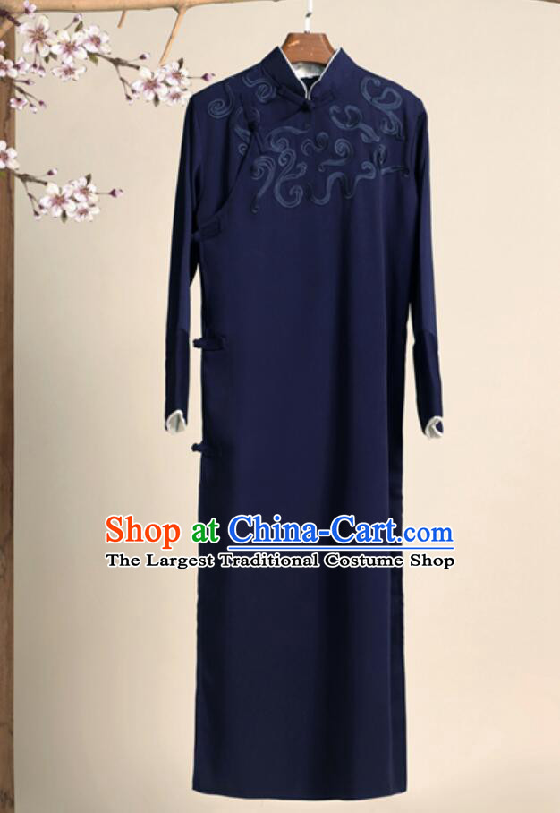 Chinese Cross Talke Clothing Navy Blue Long Robe Traditional Republic of China Costume for Men