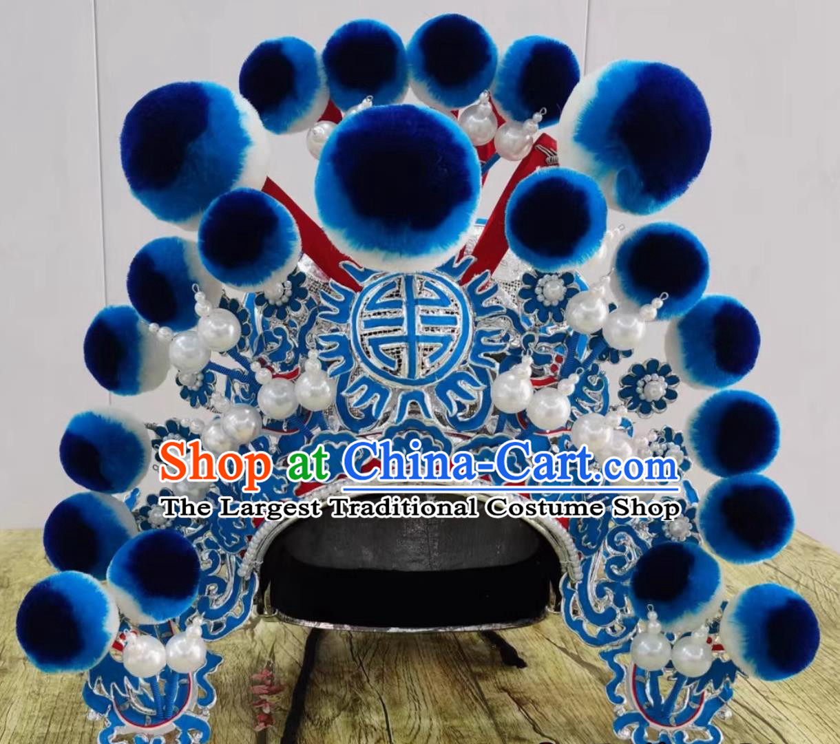 Traditional Opera Warrior Helmet China Qinqiang Opera General Blue Hat Handmade Chinese Beijing Opera Wusheng Headgear