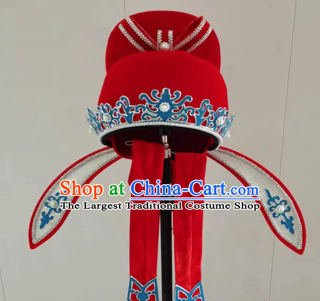 Chinese Beijing Opera Groom Headgear Handmade Traditional Opera Scholar Red Hat China Beijing Opera Xiaosheng Headwear