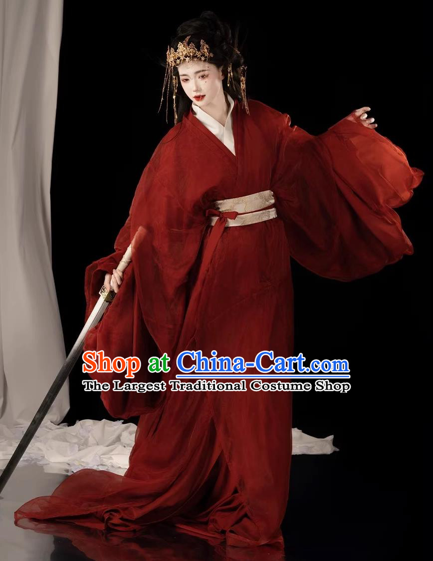 China Ancient Palace Princess Clothing Swordswoman Costume Traditional Chinese Hanfu Red Warring States Robe
